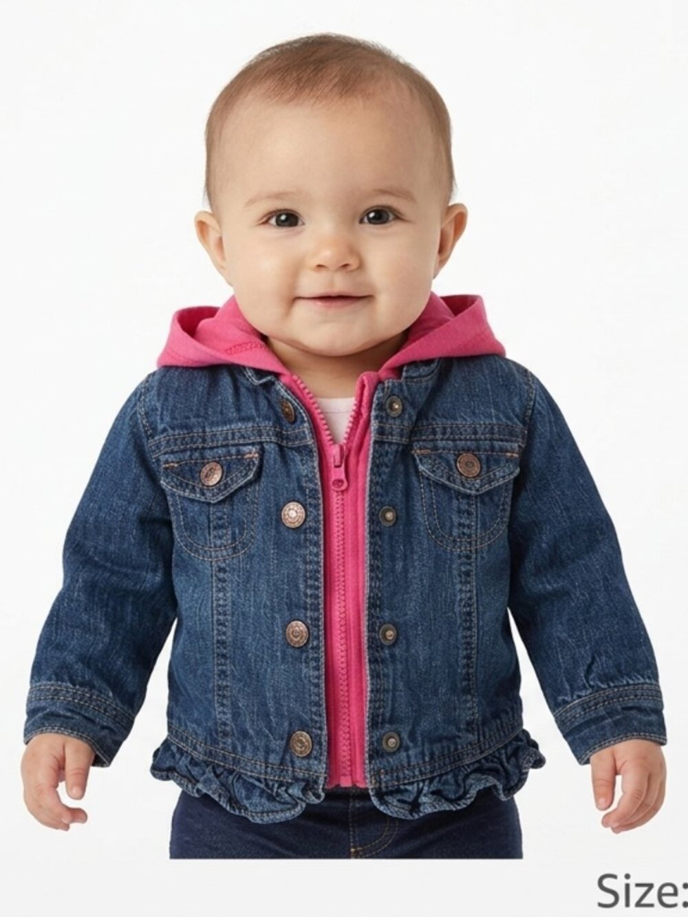Arizona Infant Girl's Ruffled Denim with Pink Hoodie Jacket - 6-9M